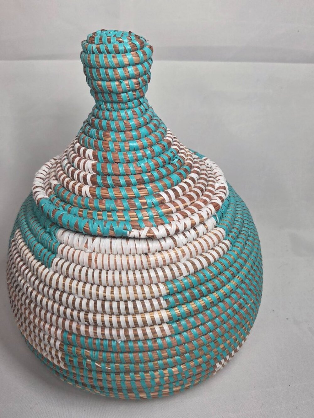 Vintage African Woven Storage Basket with Lid – Senegal Wolof Coiled Jar Aqua/Wh